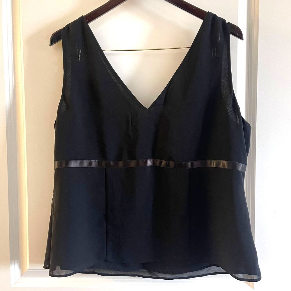 Axcess Women Size 16 Black V Neck Tank Top Blouse Lined Satin Ribbon Chevron - Picture 3 of 7